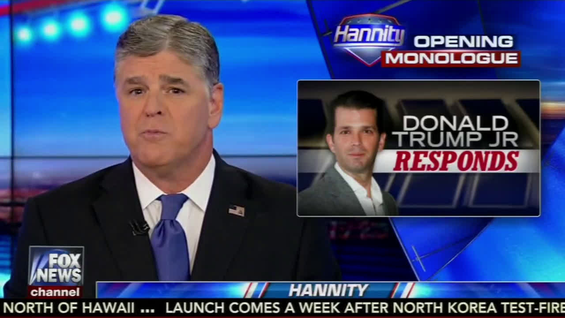 Donald Trump Jr. defends himself July 11 on Sean Hannity’s Fox News Channel program, while saying he wishes he’d “have done things a little differently.”